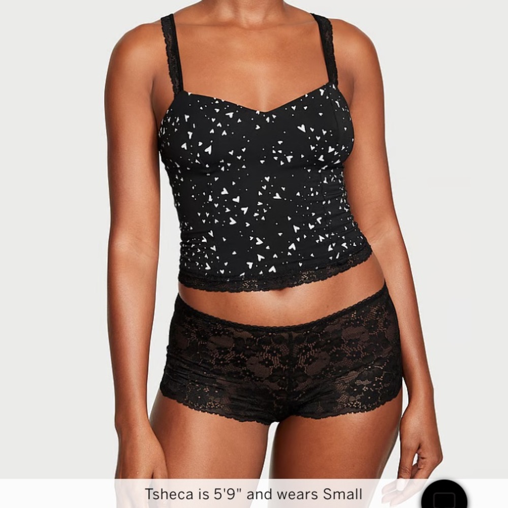 VS Very sexy Stretch Cami Lace Set Boy short Small Hearts Black